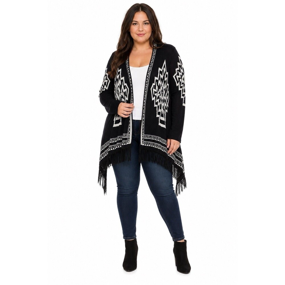 Boho XL Black White Southwestern Aztec Fringe Open Cardigan Kimono Whimsicore
